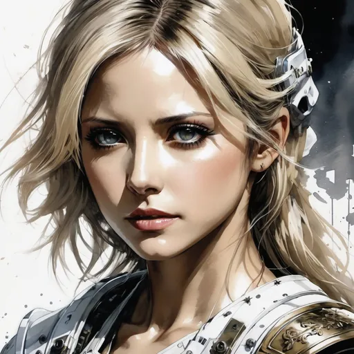 Prompt: (((Yoji Shinkawa))), sticker of ultra detailed portrait of Sarah Michelle Gellar  in white holy armor,  high quality cell shaded illustration in post apocalyptic style by Yoji Shinkawa, ((full body)), dynamic pose, perfect anatomy, centered, freedom, soul, blonde long hair, approach to perfection, cell shading, 4k , cinematic dramatic atmosphere, watercolor painting, global illumination, detailed and intricate environment, artstation, concept art, fluid and sharp focus, volumetric lighting, cinematic lighting, Art by Yoji Shinkawa,