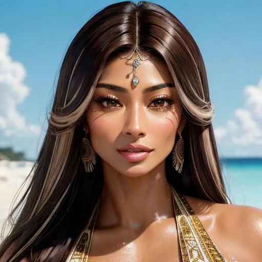 Prompt: (masterpiece, illustration, best quality:1.2), Nicole Scherzinger , solo, light tan skin, toned body, stray hairs, calm demeanor, vibrant brown eyes, vibrant brown hair, bright brown hair, brown hair, long side fringe, beautiful white hair tips, wearing beautifully detailed skin tight tribal swimwear, finely detailed,  detailed face, toned face, beautiful detailed eyes, beautifully detailed very generous attractive body, beautiful detailed legs, detailed jewelry, attractive look, attractive pose, beautiful detailed shading, beautifully detailed tribal village background, fantasy background, sharp focus, absurdres, highres, cinematic lighting, street photography, macro detailed shading, smooth soft detailed skin, {{hyper detailed}}, photo realistic, {{{masterpiece}}}, glowing light, detailed background, hair between eyes, dynamic angle, library, 4K, HDR, perfect eyes