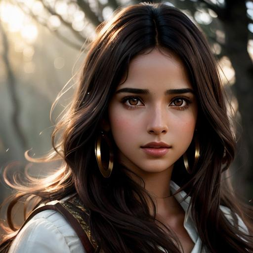Prompt: Romantic movie poster of Brown Hair Beautiful Naomi Scott with Air Magic, parted bangs, Elegant, Romantic, as a tribal warrior, HDR, full body, High Definition, cinematic,  dynamic light, hyperrealism, definition, glowing eyes, facial symmetry  by Ilya Kuvshinov