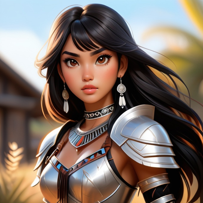 Prompt: Isabela Merced, 17 years old,  in outdoor villiage, wearing tribal cueitl armor, parted bangs, black hair with highlights, brown eyes, ethereal, jewelry set balayage wild hair, royal vibe, highly detailed, digital painting, Trending on artstation ,tan skin, HD quality, Big Eyes,artgerm, by Ilya Kuvshinov 