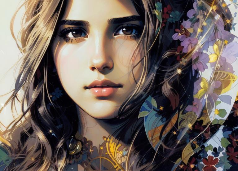 Prompt: Upper body portrait of Cute girl Naomi Scott, brown long hair, tan skin, sundress, intricate, detailed face. by Ilya Kuvshinov and Alphonse Mucha. Dreamy, sparkles