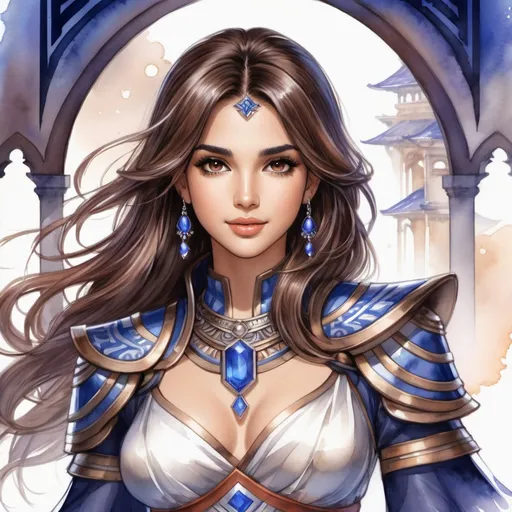 Prompt: a Shining Force watercolor concept art with Naomi Scott, brown hair, jumping in tribal cueitl, parted bangs, brown eyes, ethereal, jewelry set balayage wild hair, royal vibe, highly detailed, digital painting, Trending on artstation , HD quality, tan skin, Big Eyes,artgerm,by yoshitaka amano