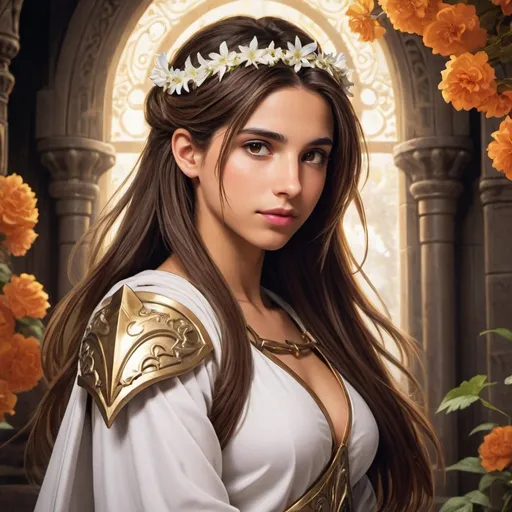 Prompt: golden skin tone, Naomi Scott, temple background, beautiful woman, hot, long brown hair, brown eyes, vibrant brown hair, bright brown hair, brown hair, long side fringe, beautiful white hair tips, wearing beautifully detailed white dragoon armor, finely detailed, goddess, fertility goddess, revealing robes, mystic, flowers, vines, flower crown, detailed facial features, dark lighting, 90s anime, 80s anime, anime screencap, cartoon, 2d art, romance novel cover, anime art style, castlevania anime, beserk anime