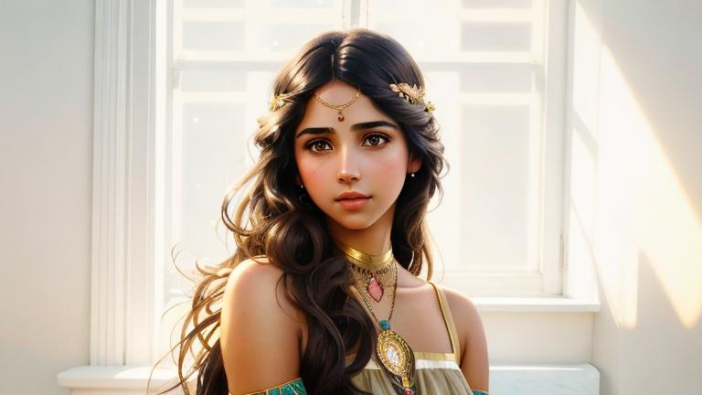 Prompt: Upper body portrait of Cute girl Naomi Scott, brown long hair, tan skin, sundress, intricate, detailed face. by Ilya Kuvshinov and Alphonse Mucha. Dreamy, sparkles