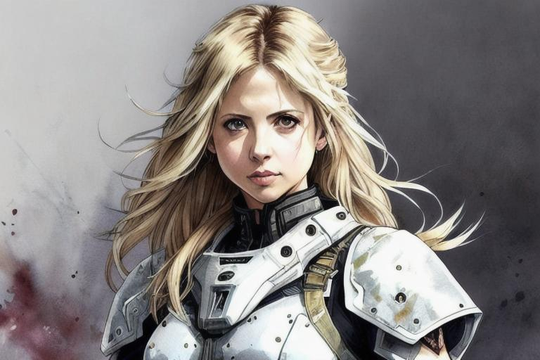 Prompt: (((Yoji Shinkawa))), sticker of ultra detailed portrait of Sarah Michelle Gellar  in white holy armor,  high quality cell shaded illustration in post apocalyptic style by Yoji Shinkawa, ((full body)), dynamic pose, perfect anatomy, centered, freedom, soul, blonde long hair, approach to perfection, cell shading, 4k , cinematic dramatic atmosphere, watercolor painting, global illumination, detailed and intricate environment, artstation, concept art, fluid and sharp focus, volumetric lighting, cinematic lighting, Art by Yoji Shinkawa,