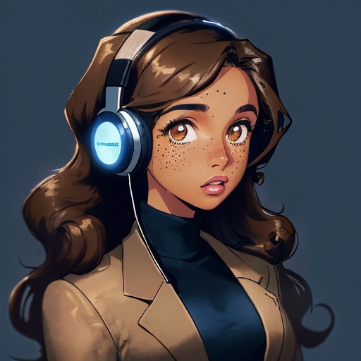 Prompt: Naomi Scott  with long brown curly hair, faint freckles, brown eyes. She is wearing a chic, modern black blazer and a navy blue turtleneck underneath. She is wearing gaming headphones. Make the background blue, like the background of the app Discord