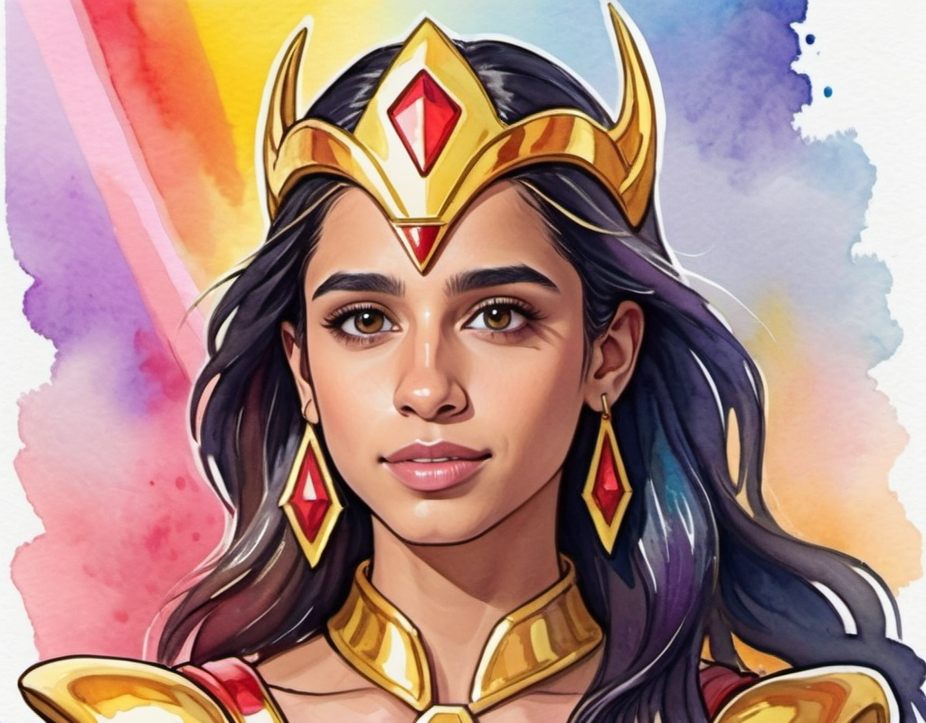 Prompt: Naomi Scott as She-ra in rainbows and gold, in watercolor painting art style
