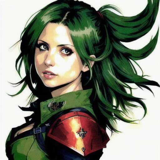 Prompt: (((Yoji Shinkawa))), sticker of ultra detailed portrait of Sarah Michelle Gellar  in red holy armor,  high quality cell shaded illustration in post apocalyptic style by Yoji Shinkawa, ((full body))Dark green hair, dynamic pose,Dark green hair, perfect anatomy, centered, freedom, Dark green hair, soul. Dark green hair, approach to perfection, cell shading, 4k , cinematic dramatic atmosphere, watercolor painting, global illumination, detailed and intricate environment, artstation, concept art, fluid and sharp focus, volumetric lighting, cinematic lighting, Art by Yoji Shinkawa,