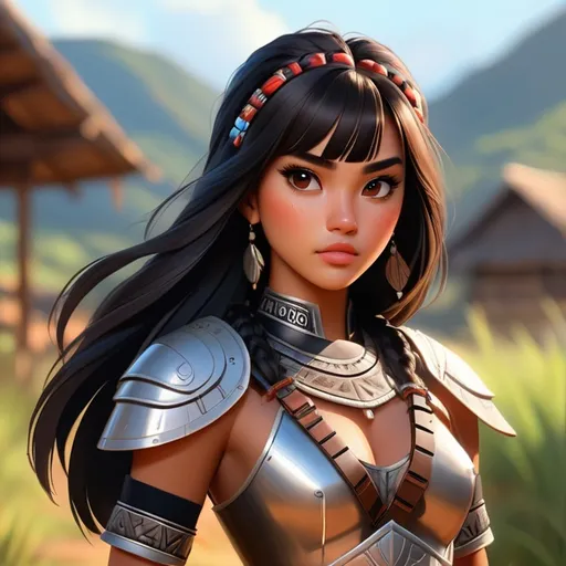 Prompt: Isabela Merced, 17 years old,  in outdoor villiage, wearing tribal cueitl armor, parted bangs, black hair with highlights, brown eyes, ethereal, jewelry set balayage wild hair, royal vibe, highly detailed, digital painting, Trending on artstation ,tan skin, HD quality, Big Eyes,artgerm, by Ilya Kuvshinov 