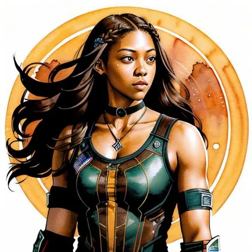 Prompt: Sticker of Candace Parker from Lord of the Rings,braided brown hair, half body visible, choker, wearing tribal mechsuit, comic style, Spaceships, Kim Jung Gi, soul, digital illustration, perfect anatomy, centered, approaching perfection, dynamic, highly detailed, watercolor painting, artstation, concept art, smooth, sharp, focus, illustration, art by Ilya Kuvshinov,