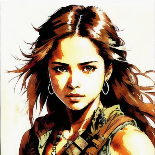 Prompt: (((Yoji Shinkawa))), sticker of ultra detailed portrait of Naomi Scott as Tribal warrior,  high quality cell shaded illustration in post apocalyptic style by Yoji Shinkawa, ((full body)), dynamic pose, perfect anatomy, centered, freedom, soul, brown long hair, approach to perfection, cell shading, 4k , cinematic dramatic atmosphere, watercolor painting, global illumination, detailed and intricate environment, artstation, concept art, fluid and sharp focus, volumetric lighting, cinematic lighting, Art by Yoji Shinkawa,