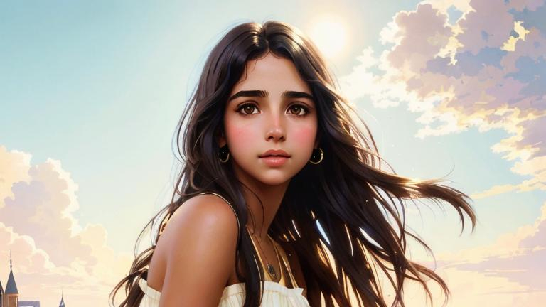 Prompt: Upper body portrait of Cute girl Naomi Scott, brown long hair, tan skin, sundress, intricate, detailed face. by Ilya Kuvshinov and Alphonse Mucha. Dreamy, sparkles