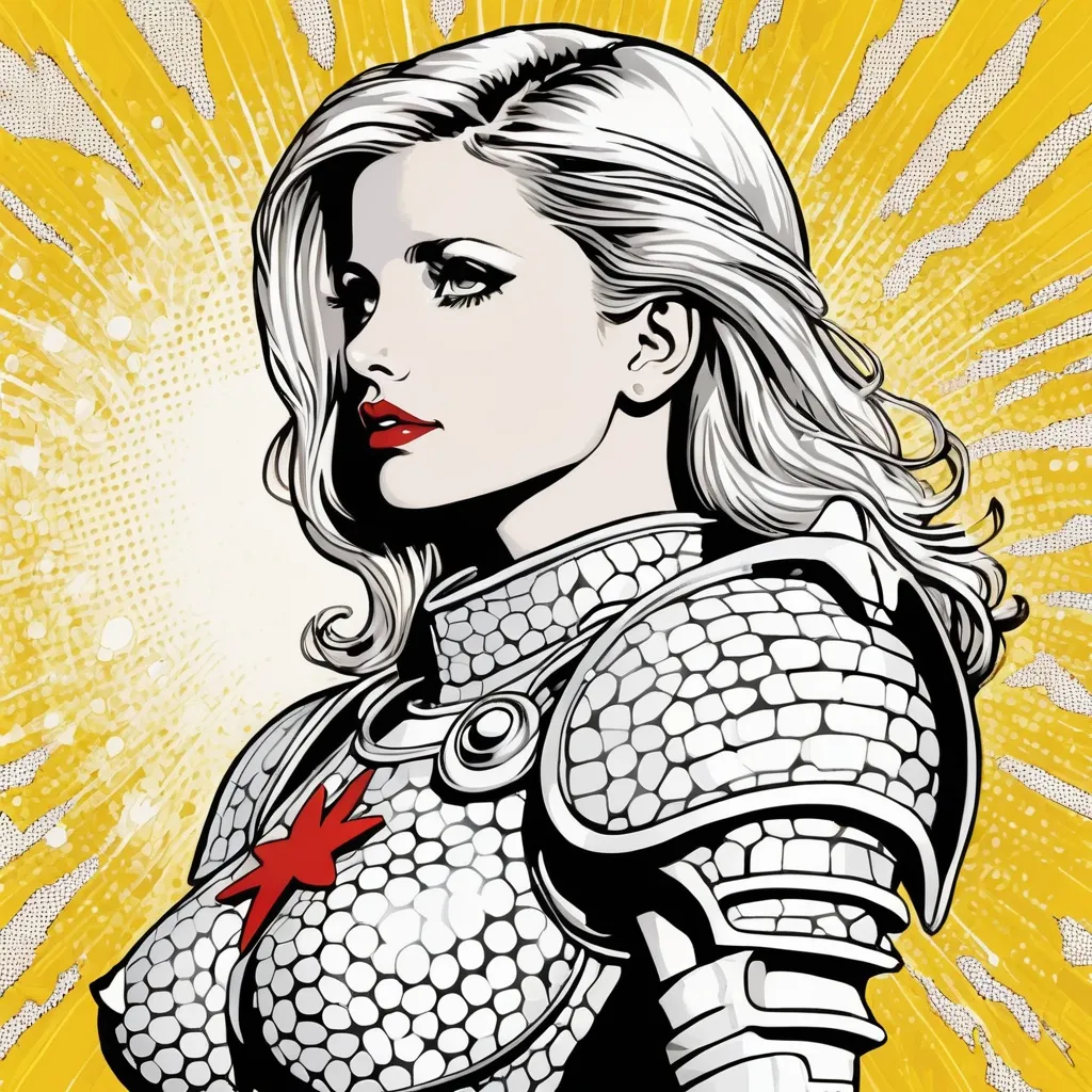 Prompt: Sarah Michelle Gellar, comic style, white holy armor,side view, halftone, pointlism, bentoism, by roy lichtenstein and jack kirby 