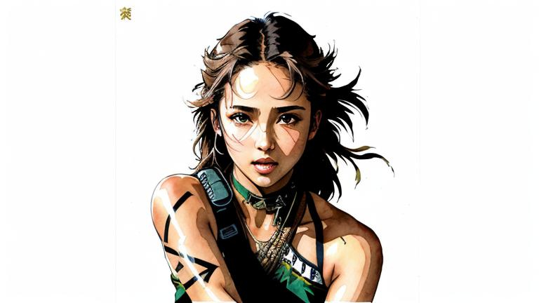 Prompt: (((Yoji Shinkawa))), sticker of ultra detailed portrait of Naomi Scott in tribal dress,  high quality cell shaded illustration in post apocalyptic style by Yoji Shinkawa, ((full body)), dynamic pose, perfect anatomy, centered, freedom, soul, brown long hair, approach to perfection, cell shading, 4k , cinematic dramatic atmosphere, watercolor painting, global illumination, detailed and intricate environment, artstation, concept art, fluid and sharp focus, volumetric lighting, cinematic lighting, Art by Yoji Shinkawa,