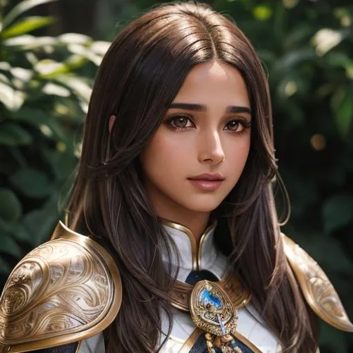Prompt: (masterpiece, illustration, best quality:1.2), Naomi Scott , solo, tan skin, toned body, stray hairs, calm demeanor, vibrant brown eyes, vibrant brown hair, bright brown hair, brown hair, long side fringe, beautiful white hair tips, wearing beautifully detailed white dragoon armor, finely detailed,  detailed face, toned face, beautiful detailed eyes, beautifully detailed very generous attractive body, beautiful detailed legs, detailed jewelry, attractive look, attractive pose, beautiful detailed shading, beautifully detailed tribal village background, fantasy background, sharp focus, absurdres, highres, cinematic lighting, street photography, macro detailed shading, smooth soft detailed skin, {{hyper detailed}}, photo realistic, {{{masterpiece}}}, glowing light, detailed background, hair between eyes, dynamic angle, library, 4K, HDR, perfect eyes