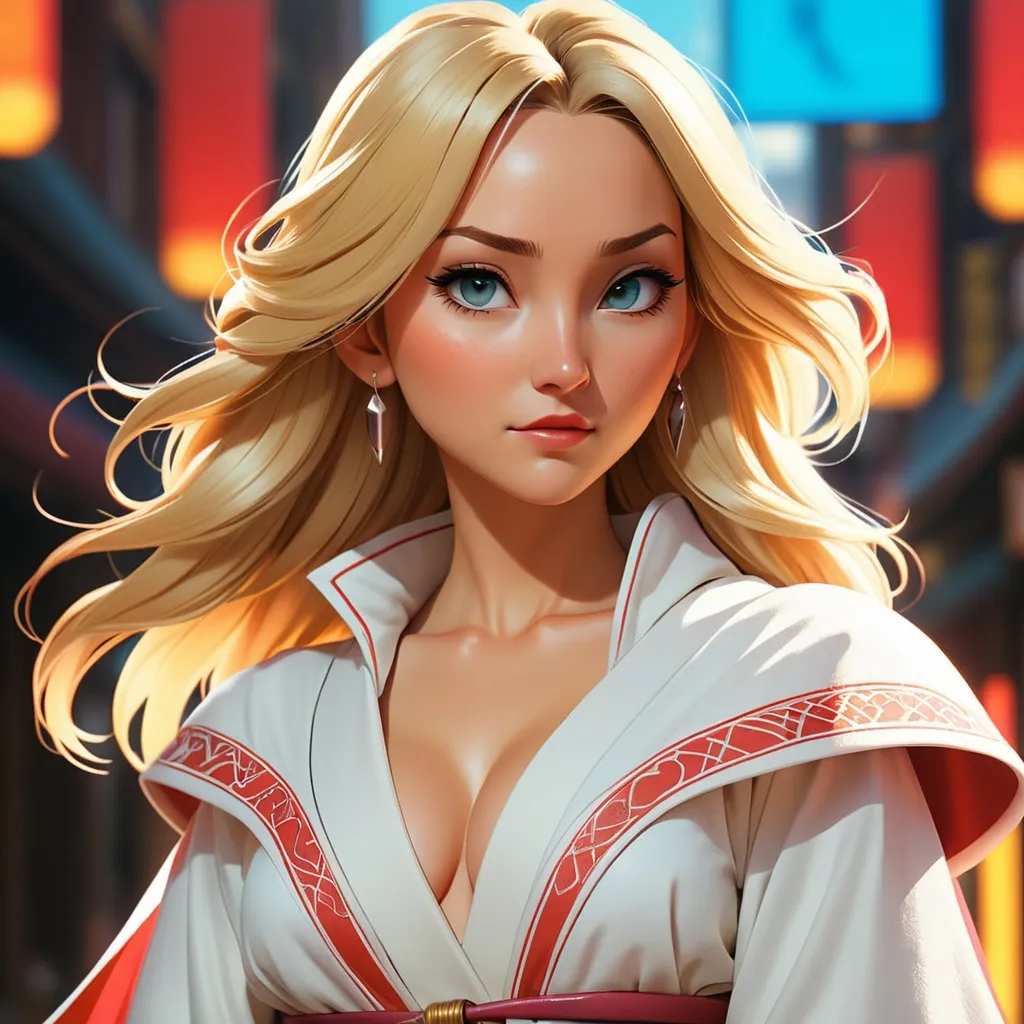 Prompt: Illustration by Makoto shinkai & Ilya Kuvshinov, royal city, Kate Hudson wearing white mage detailed robe, long blonde hair, atmospheric, hyper realistic, 8k, epic composition, cinematic, octane render, 16K resolution, rendered in Enscape, Miyazaki, Nausicaa Ghibli, Breath of The Wild, 4k detailed post processing, artstation, focus, no blur