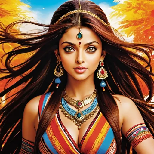 Prompt: Romance movie poster, Aishwarya Rai in tribal cueitl, anime, highres, detailed, vibrant colors, dynamic pose, , flowing long brown hair, determined expression, strong yet feminine, energetic, vibrant lighting, colorful anime style, intense eyes, anime, vibrant, dynamic, determined, strong, colorful, detailed hair, highres