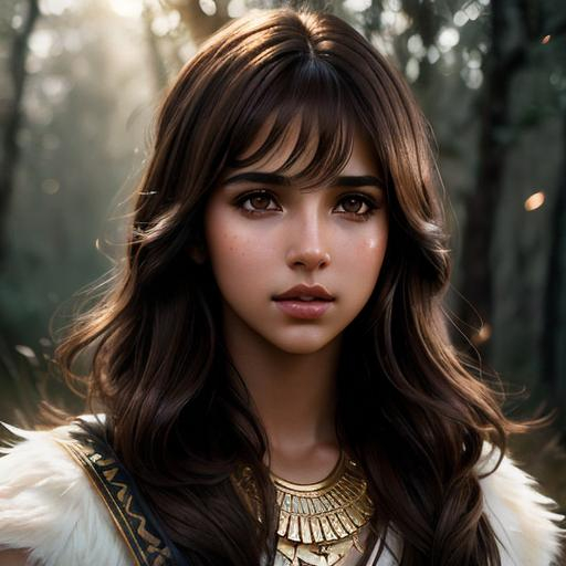 Prompt: Upper body portrait of Brown Hair Beautiful Naomi Scott with Air Magic, parted bangs, Elegant, Romantic, as a tribal warrior, HDR, full body, High Definition, cinematic,  dynamic light, hyperrealism, definition, glowing eyes, facial symmetry  by Ilya Kuvshinov