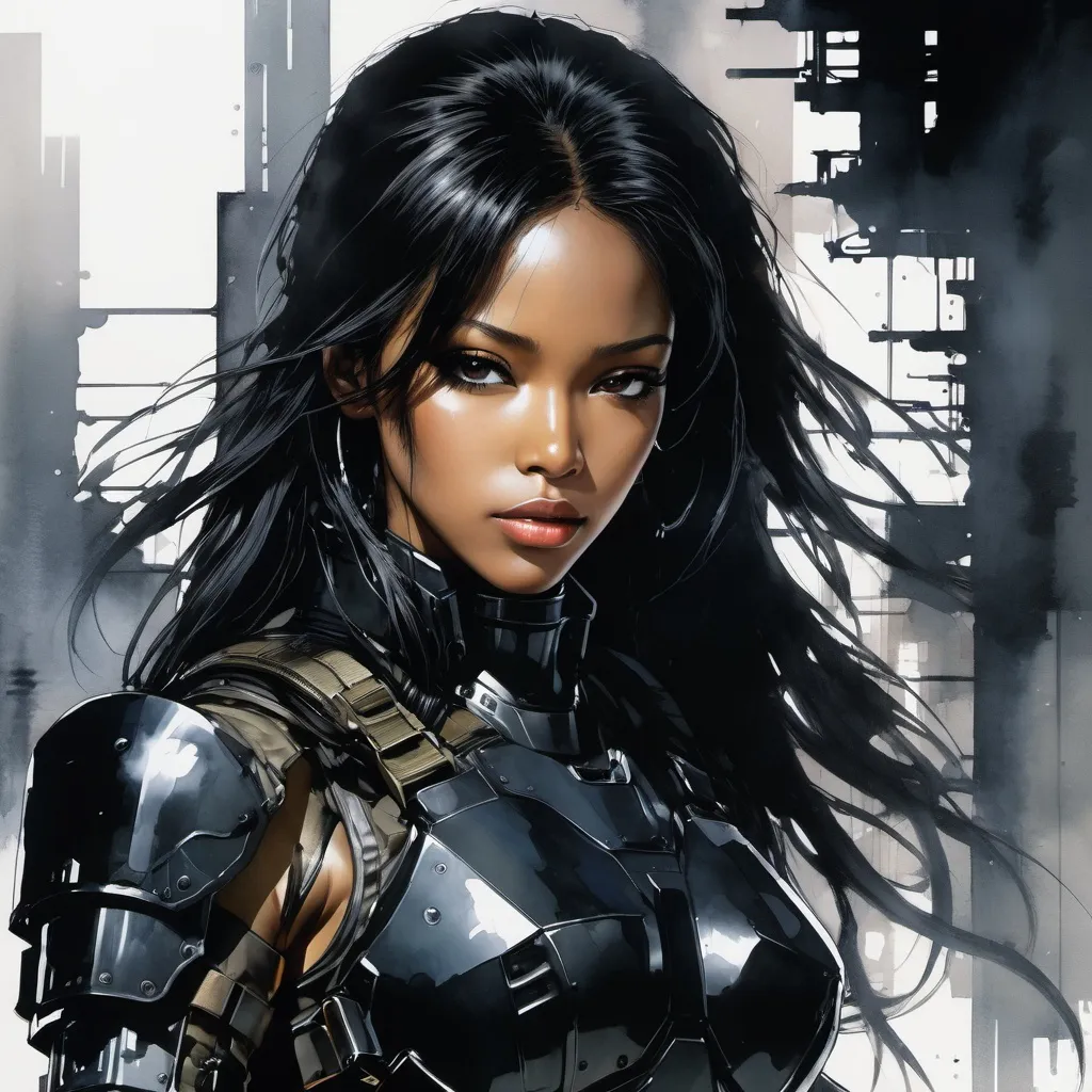 Prompt: (((Yoji Shinkawa))), sticker of ultra detailed portrait of Aaliyah Dana Haughton in black mech armor,  high quality cell shaded illustration in post apocalyptic style by Yoji Shinkawa, ((full body)), dynamic pose, perfect anatomy, centered, freedom, soul, black long hair, approach to perfection, cell shading, 4k , cinematic dramatic atmosphere, watercolor painting, global illumination, detailed and intricate environment, artstation, concept art, fluid and sharp focus, volumetric lighting, cinematic lighting, Art by Yoji Shinkawa,