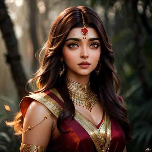 Prompt: Upper body portrait of Brown Hair Beautiful Aishwarya Rai with Air Magic, parted bangs, Elegant, Romantic, as a tribal warrior, HDR, full body, High Definition, cinematic,  dynamic light, hyperrealism, definition, glowing eyes, facial symmetry  by Ilya Kuvshinov