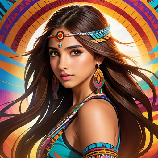 Prompt: Romance movie poster, Naomi Scott in tribal cueitl, anime, highres, detailed, vibrant colors, dynamic pose, , flowing long brown hair, determined expression, strong yet feminine, energetic, vibrant lighting, colorful anime style, intense eyes, anime, vibrant, dynamic, determined, strong, colorful, detailed hair, highres