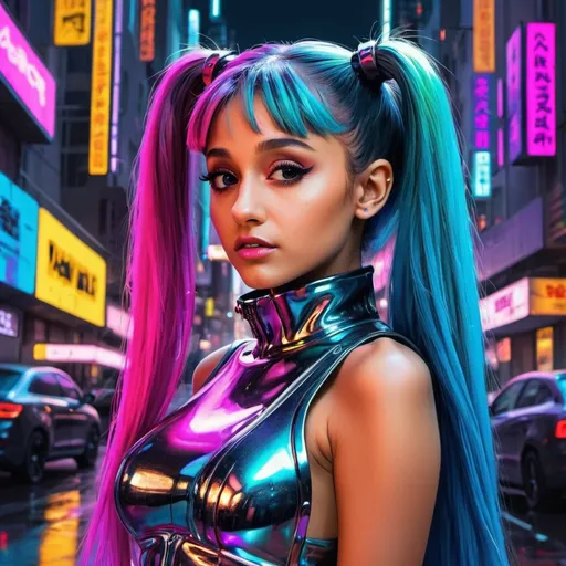 Prompt: Liquid metal Ariana Grande with vibrant colors, high-quality, liquid metal, futuristic fashion, neon-lit streets, vivid and vibrant, anime, cyberpunk, metallic sheen, colorful hair, edgy makeup, urban setting, highres, anime, futuristic, vibrant colors, cyberpunk, liquid metal, neon-lit streets