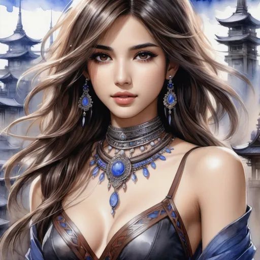 Prompt: a final fantasy watercolor concept art with Naomi Scott, brown hair, realistic face, in tribal cueitl,parted bangs, brown eyes, detailed floating city background,  ethereal, jewelry set balayage wild hair, royal vibe, highly detailed, digital painting, Trending on artstation , HD quality, tan skin, Big Eyes,artgerm,by yoshitaka amano