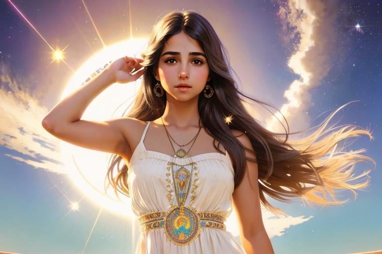 Prompt: Upper body portrait of Cute girl Naomi Scott, brown long hair, tan skin, sundress, intricate, detailed face. by Ilya Kuvshinov and Alphonse Mucha. Dreamy, sparkles