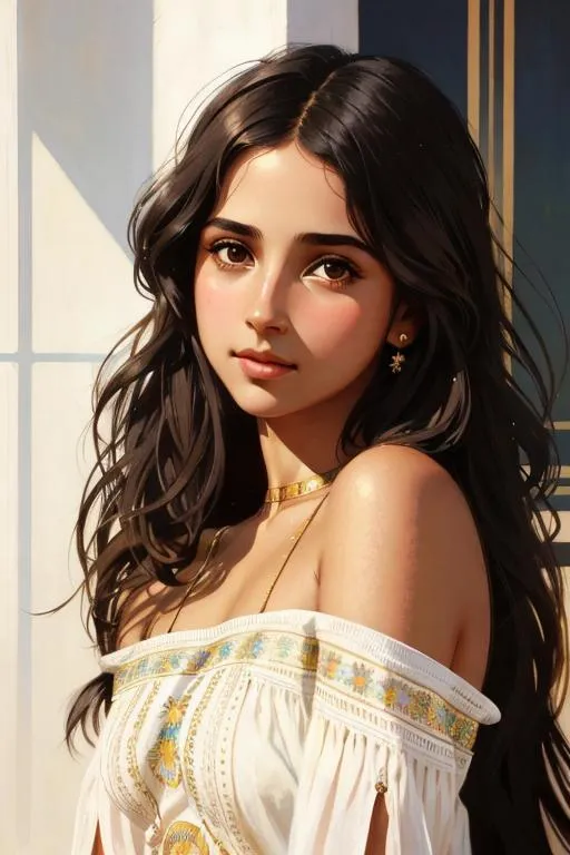 Prompt: Upper body portrait of Cute girl Naomi Scott, brown long hair, tan skin, sundress, intricate, detailed face. by Ilya Kuvshinov and Alphonse Mucha. Dreamy, sparkles