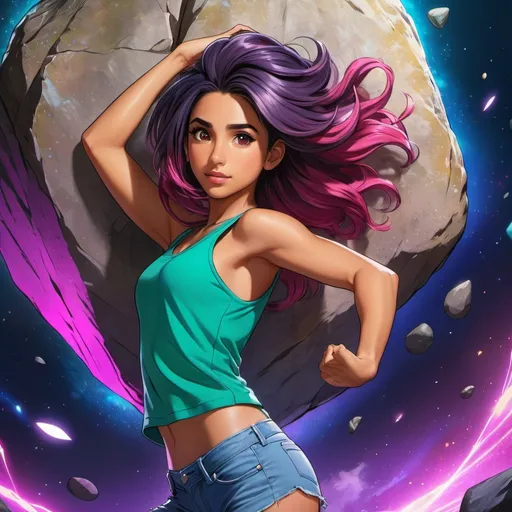 Prompt: Naomi Scott(holding a huge boulder) overhead, anime, highres, detailed, vibrant colors, dynamic pose, large boulder, flowing hair, determined expression, strong yet feminine, energetic, vibrant lighting, colorful anime style, intense eyes, anime, vibrant, dynamic, determined, strong, colorful, detailed hair, highres