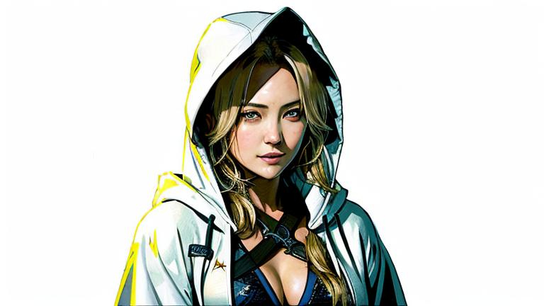 Prompt: (((Yoji Shinkawa))), sticker of ultra detailed portrait of Kate Hudson in white hooded wizard robe, blonde hair high quality cell shaded illustration in post apocalyptic style by Yoji Shinkawa, ((full body)), dynamic pose, perfect anatomy, centered, cleavage, freedom, soul, blonde long hair, approach to perfection, cell shading, 4k , cinematic dramatic atmosphere, watercolor painting, global illumination, detailed and intricate environment, artstation, concept art, fluid and sharp focus, volumetric lighting, cinematic lighting, Art by Yoji Shinkawa,