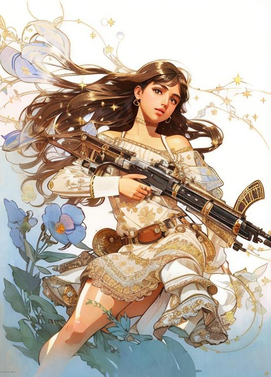 Prompt: Upper body portrait of Cute girl Naomi Scott, brown long hair, tan skin, sundress, intricate, detailed face. by Ilya Kuvshinov and Alphonse Mucha. Dreamy, sparkles