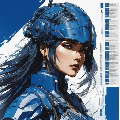 Prompt: character profile sheet (((Yoji Shinkawa))), sticker of ultra detailed portrait of Sadaf Mohammed Sayed  (Indian actress who mainly appears in Telugu, Tamil, and Kannada films)in dark blue mech armor, canon robotic hand, blue long hair, high quality cell shaded illustration in post apocalyptic style by Yoji Shinkawa, ((full body portrait)), dynamic pose, perfect anatomy, centered, freedom, soul, blue long hair, approach to perfection, cell shading, 4k , cinematic dramatic atmosphere, watercolor painting, global illumination, detailed and intricate environment, artstation, concept art, fluid and sharp focus, volumetric lighting, cinematic lighting, Art by Yoji Shinkawa,