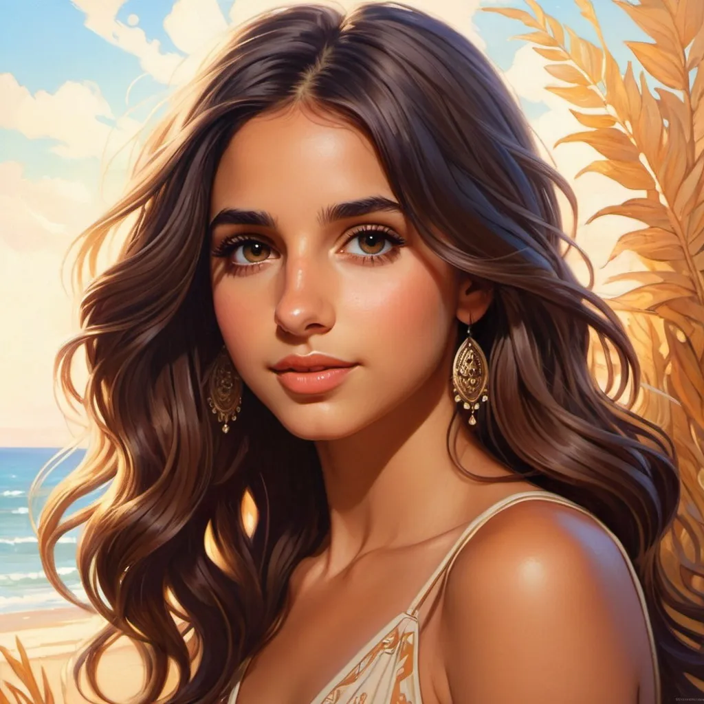 Prompt: Upper body portrait of Cute girl Naomi Scott, brown long hair, tan skin, sundress, intricate, detailed face. by Ilya Kuvshinov and Alphonse Mucha. Dreamy, sparkles