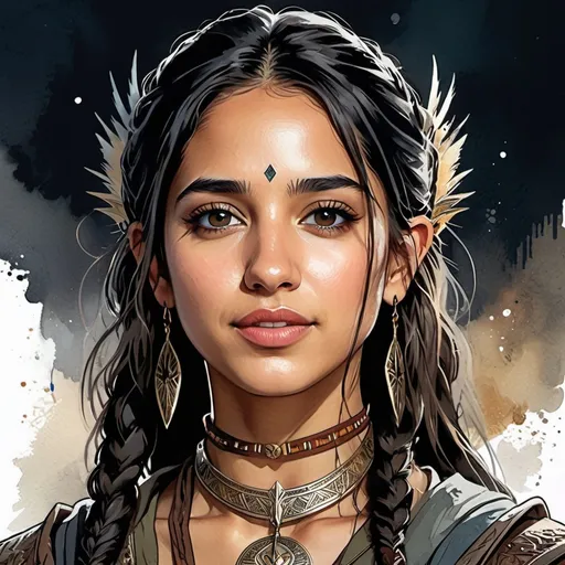 Prompt: Sticker of Naomi Scott from Lord of the Rings, half body visible, choker, tribal wardress, comic style, Spaceships, Kim Jung Gi, soul, digital illustration, perfect anatomy, centered, approaching perfection, dynamic, highly detailed, watercolor painting, artstation, concept art, smooth, sharp, focus, illustration, art by Carne Griffiths and Wadim Kashin,