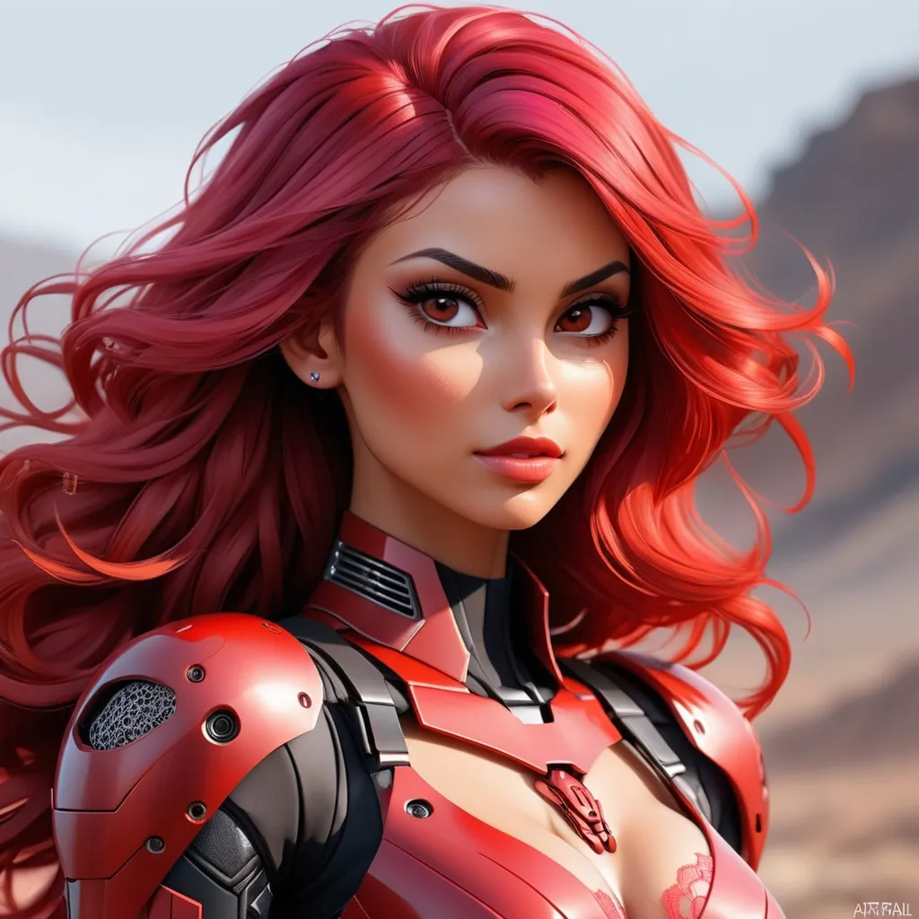 Prompt:  Morena Baccarin, sleeveless, pink and red hair, brown eyes, battlefield, ethereal, red lace mech suit, jewelry set balayage, wild hair with bangs, royal vibe, highly detailed, digital painting, Trending on artstation , HD quality, tan skin,artgerm,  by Ilya Kuvshinov 