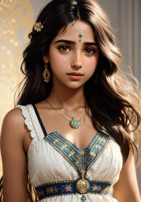 Prompt: Upper body portrait of Cute girl Naomi Scott, brown long hair, tan skin, sundress, intricate, detailed face. by Ilya Kuvshinov and Alphonse Mucha. Dreamy, sparkles