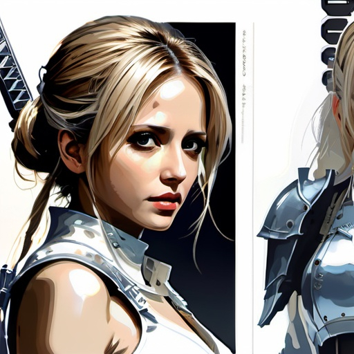 Prompt: (((Yoji Shinkawa))), sticker of ultra detailed portrait of Sarah Michelle Gellar  in white holy armor,holding magical sword,  high quality cell shaded illustration in post apocalyptic style by Yoji Shinkawa, ((full body)), dynamic pose, perfect anatomy, centered, freedom, soul, blonde long hair, approach to perfection, cell shading, 4k , cinematic dramatic atmosphere, watercolor painting, global illumination, detailed and intricate environment, artstation, concept art, fluid and sharp focus, volumetric lighting, cinematic lighting, Art by Yoji Shinkawa,