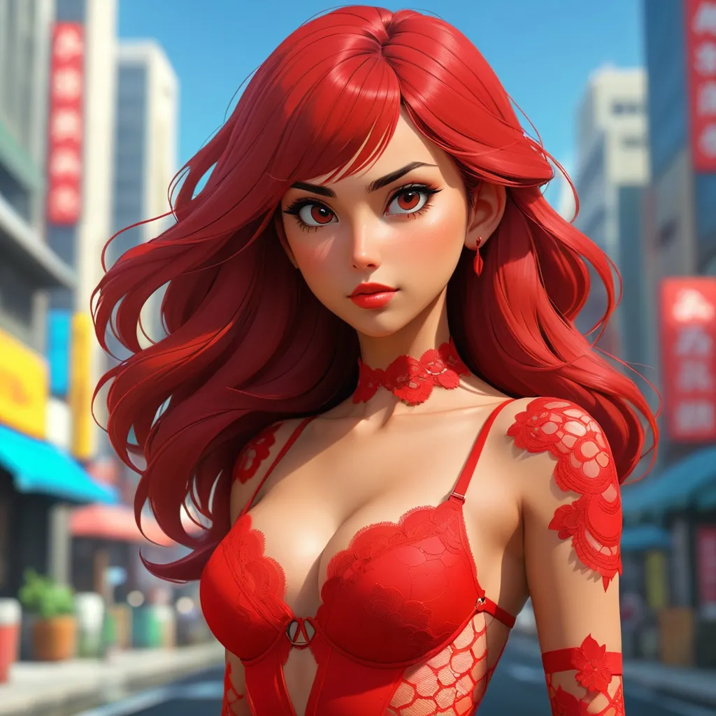 Prompt: Illustration by Makoto shinkai & Ilya Kuvshinov, royal city, Morena Baccarin wearing red lace exo suit,cleavage,  long red hair, atmospheric, hyper realistic, 8k, epic composition, cinematic, octane render, 16K resolution, rendered in Enscape, Miyazaki, Nausicaa Ghibli, Breath of The Wild, 4k detailed post processing, artstation, focus, no blur