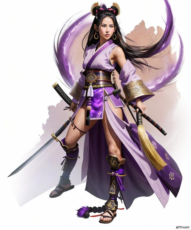 Prompt: Olivia Munn, 16 years old, as a  samurai, purple samurai artifact gear, dramatic, cinematic lighting, caustic, cave background, sleeveless, black wild hair, brown eyes, ethereal, jewelry set balayage, royal vibe, highly detailed, digital painting, Trending on artstation , HD quality, tan skin, Big Eyes, artgerm, by Ilya Kuvshinov