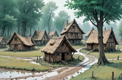 Prompt: A Small, poor, muddy medieval village with 10 houses made out of sticks and waddle and daub like in the early iron age

D&D, realistic fantasy painting, flat colors