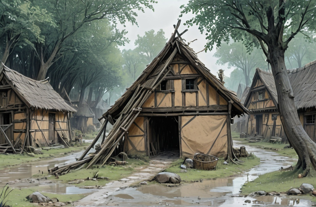 Prompt: A Small, poor, muddy medieval village with 10 houses made out of sticks and waddle and daub like in the early iron age

D&D, realistic fantasy painting, flat colors