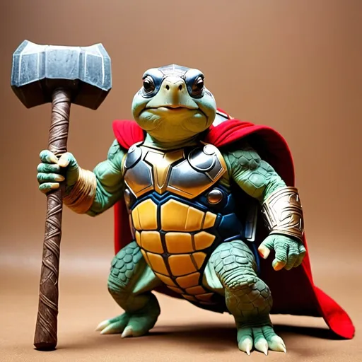 Prompt: A tortoise in costume as Thor, the God of Thunder, carrying a hammer