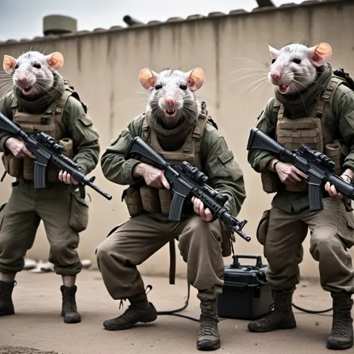 Prompt: Grotesque rat men preparing for battle using modern warfare equipment 