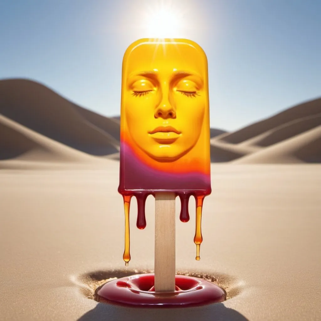 Prompt: Elegant Human popsicle hybrid melting on the surface of the sun