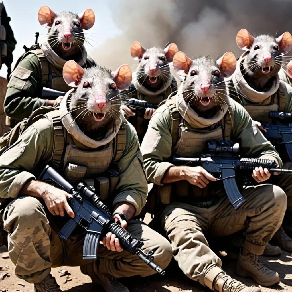 Prompt: Grotesque rat men preparing for battle using modern warfare equipment 