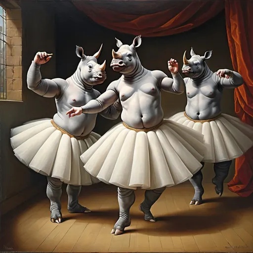 Prompt: Hybrid male human-rhino ballerinas dancing, oil on canvas masterpiece, Dutch renaissance 