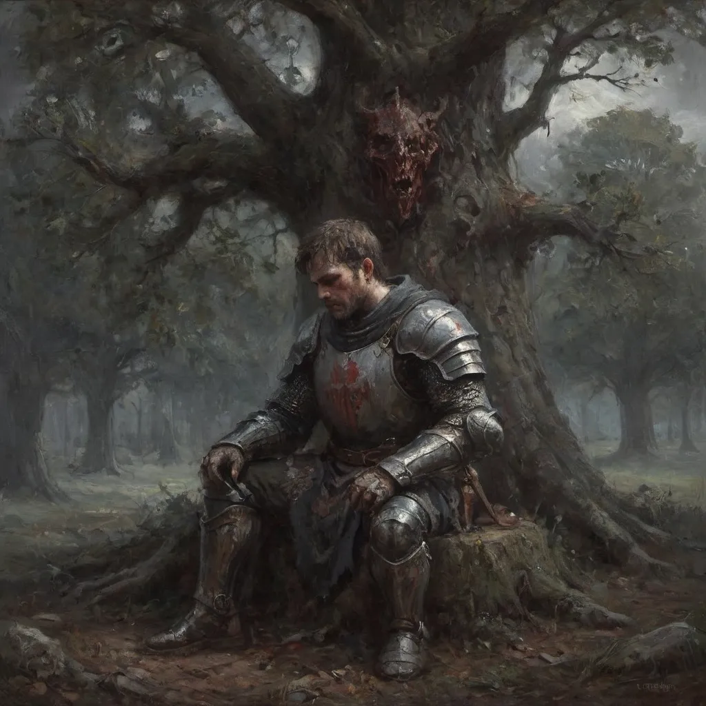 Prompt: Gritty, dark fantasy artwork of a (Medieval) knight sitting at the foot of a large tree, clutching a bleeding wound at his side, dark, gloomy colors, intense drama, (fantasy), (epic), (dynamic), trending on ArtStation, ultra-detailed, grim-dark fantasy art
