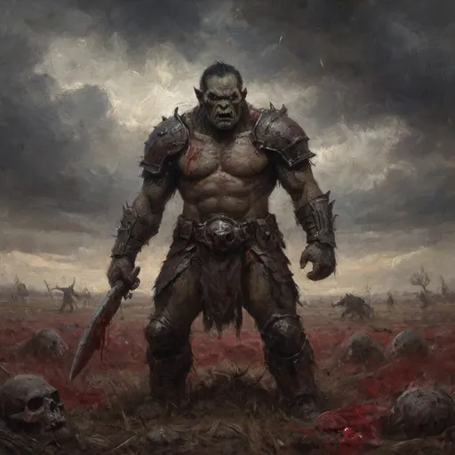 Prompt: Gritty, dark fantasy artwork of a (Warhammer) Orc warrior standing in a blood soaked field, dark, gloomy colors, intense drama, (fantasy), (epic), (dynamic), trending on ArtStation, ultra-detailed, grim-dark fantasy art
