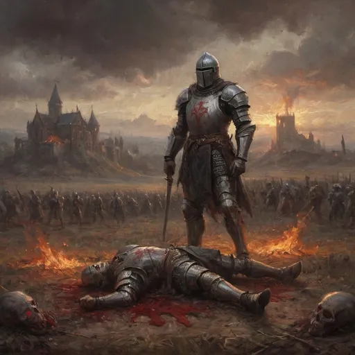 Prompt: Gritty, realistic image of a (Medieval) knight with plate armor standing over the corpse of a slain foe amidst a blood soaked field with a burning village in the background, D&D atmosphere infused with magic and, dark, gloomy colors, intense drama, (fantasy), (epic), (dynamic), trending on ArtStation, ultra-detailed, fantasy art style influenced by Magic the Gathering and Dungeons and Dragons.
